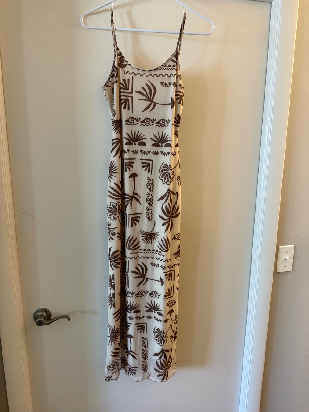 See You Monday Cream Maxi Dress with Brown Tropical Print